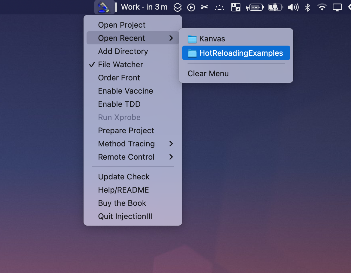 macOS Menu bar showing selection options for InjectionIII App